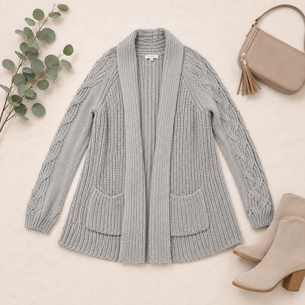 Haven Well Within Gray Cable Knit‎ Shawl Collar Open Front Cardigan Sweater M